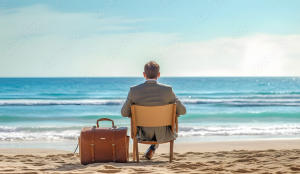 Homme en costume assis sur une chaise de plage, dos à la mer, une mallette à côté, symbolisant le retour au travail après les vacances.