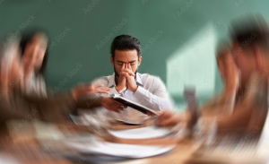 Homme en réunion submergé par le stress au travail, illustrant la différence entre stress et anxiété