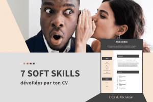 Illustration montrant une femme chuchotant à l'oreille d'un homme surpris, à côté d'un modèle de CV, symbolisant la révélation des soft skills et des compétences transversales.